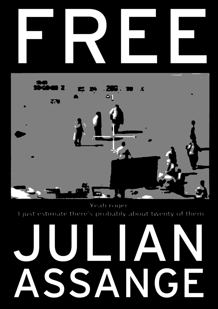 Text: Free Julian Assange, Image: Collateral Murder Video